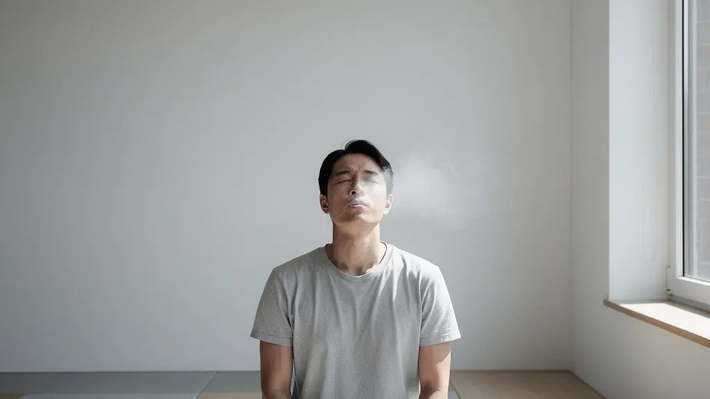 Silhouette d’une personne dans une pièce calme, respirant lentement près d’une fenêtre, avec une brume de vapeur très légère qui se dissipe dans un grand espace vide.