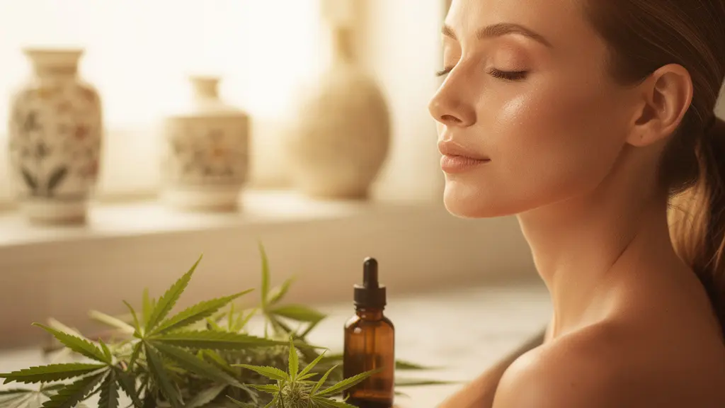 Visage de femme au teint lumineux entouré de feuilles de chanvre et de lumière dorée, symbolisant la protection antioxydante naturelle contre les ridules