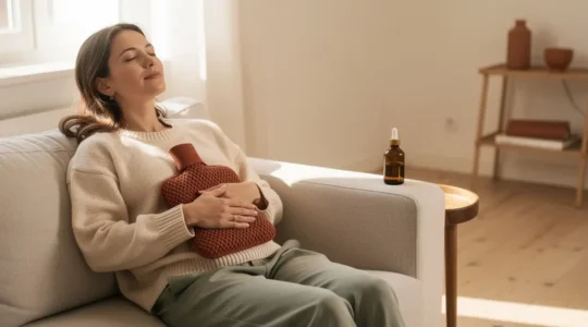 Femme en position de repos avec une bouillotte sur le bas-ventre, baignée dans une lumière douce et apaisante, symbolisant le soulagement naturel des douleurs pelviennes.