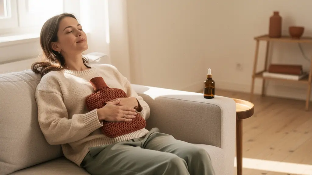 Femme en position de repos avec une bouillotte sur le bas-ventre, baignée dans une lumière douce et apaisante, symbolisant le soulagement naturel des douleurs pelviennes.