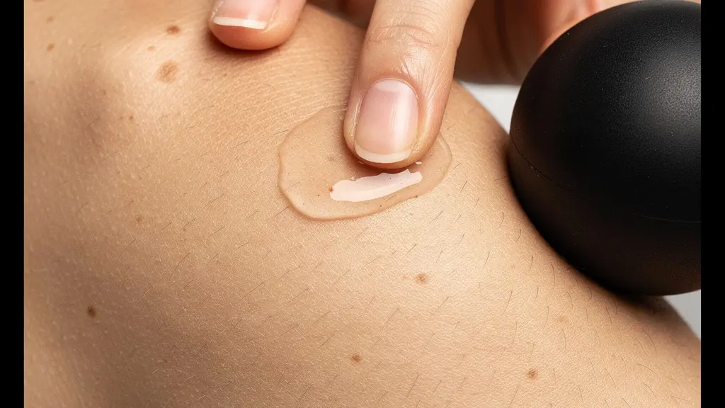 Gros plan d’une main appliquant un gel sur un nœud musculaire à l’épaule avec une balle de massage, montrant la texture de la peau et du gel, sans aucune marque ni texte.