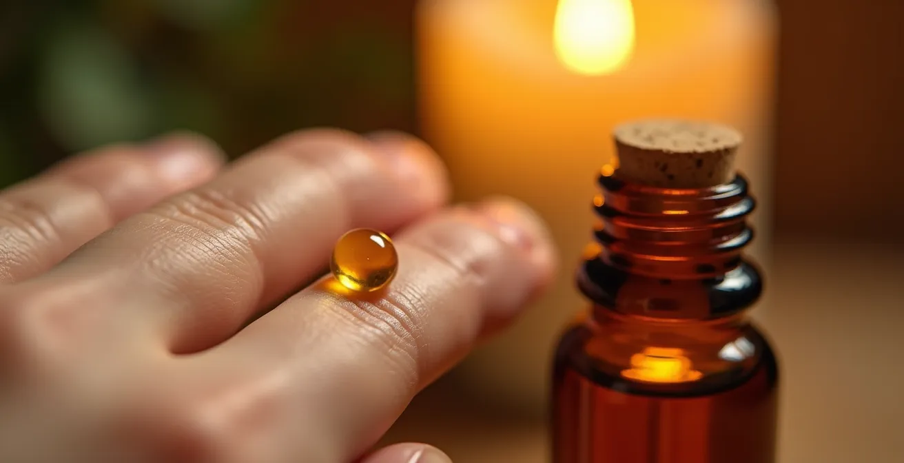 Texture macro d'huile dorée sur peau avec détails de gouttes