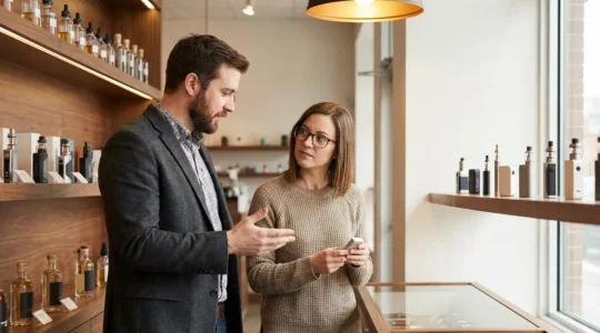 Un vendeur expert conseille un client dans une boutique de vape moderne et accueillante