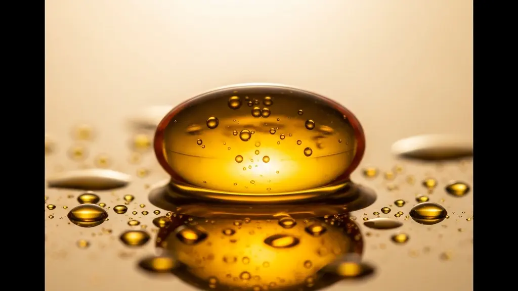 Gros plan extrême sur une capsule molle de CBD dorée posée sur une surface d'huile MCT translucide, révélant les textures et la lumière traversant la gélatine.