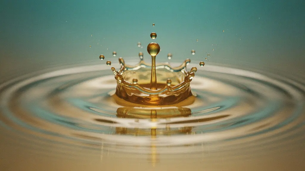 Vue macro d'une goutte d'huile dorée tombant sur une surface aqueuse créant des ondes concentriques, symbolisant l'action modulatrice du CBD sur la cascade inflammatoire.