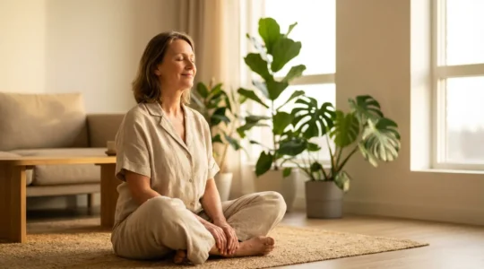 Personne en position de méditation dans un environnement apaisant avec plantes de chanvre