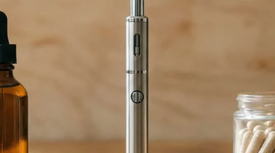 Comparaison visuelle des différentes formes d'administration du CBD : huile, vaporisateur et gélules sur une table en bois naturel