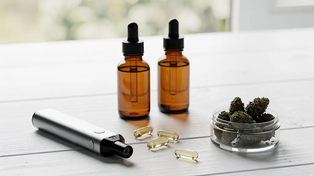 Composition visuelle des différentes formes de CBD avec huiles, vaporisateur et gélules sur fond épuré