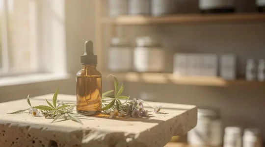 Flacon d'huile ambrée posé sur une surface en pierre naturelle avec des feuilles de chanvre en arrière-plan dans une lumière douce et apaisante