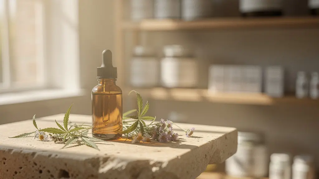 Flacon d'huile ambrée posé sur une surface en pierre naturelle avec des feuilles de chanvre en arrière-plan dans une lumière douce et apaisante