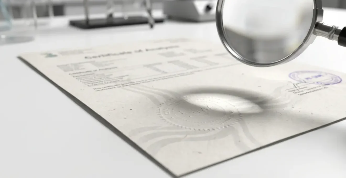Certificat d'analyse CBD avec points de vérification annotés pour identifier un document authentique