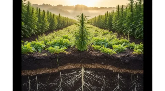 Culture de chanvre biologique montrant les racines profondes absorbant les éléments du sol dans un environnement naturel