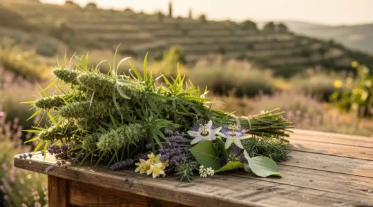 Bouquet de chanvre frais entouré de plantes aromatiques de terroir français sur une table en bois rustique, éclairage naturel doré