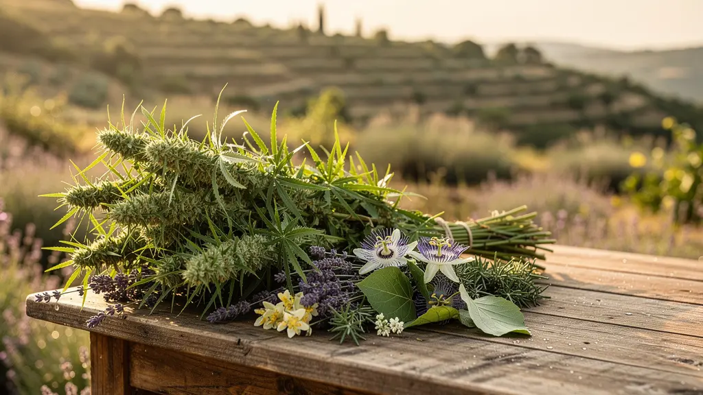 Bouquet de chanvre frais entouré de plantes aromatiques de terroir français sur une table en bois rustique, éclairage naturel doré