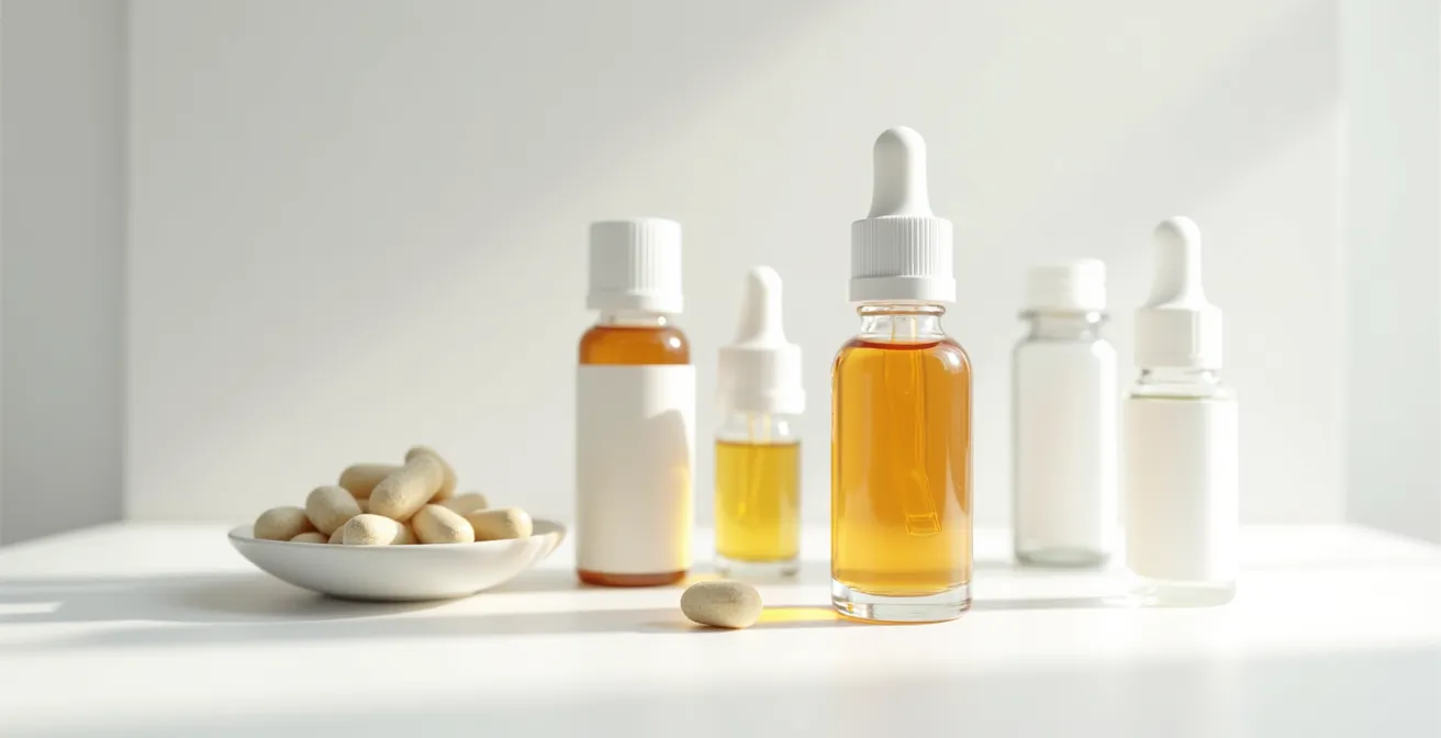 Différentes formes de CBD disposées sur une surface épurée montrant huiles et gélules