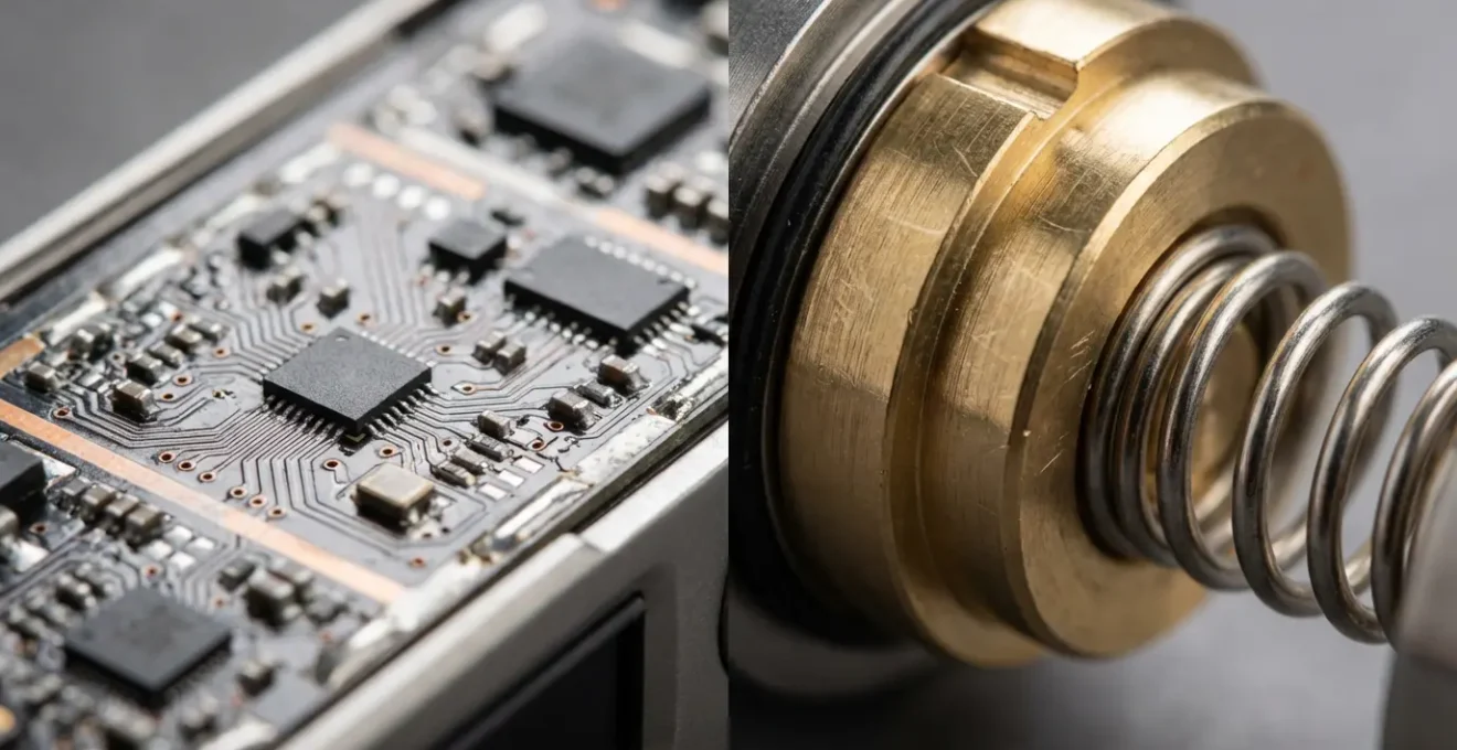 Gros plan sur les composants internes d'un mod électronique et d'un mod mécanique côte à côte