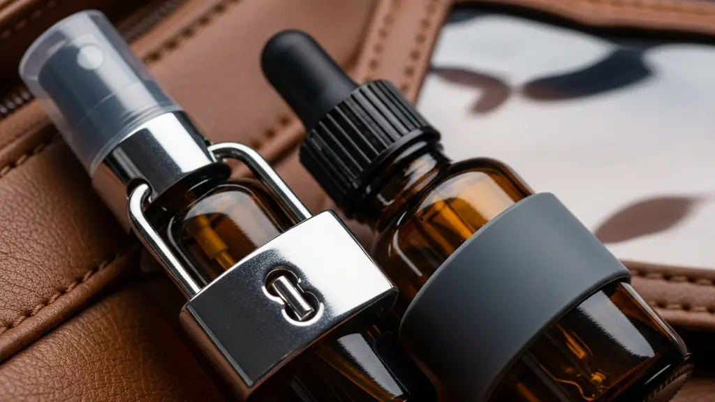 Spray et flacon d'huile CBD disposés dans un sac avec accessoires de protection pour le transport