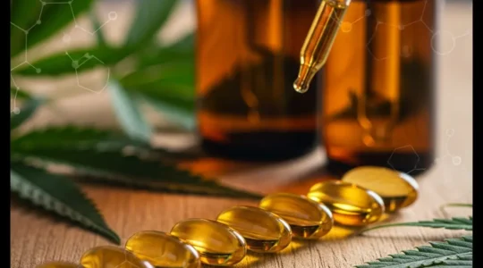 Gélules de CBD, huile dorée et structure moléculaire sur fond végétal naturel