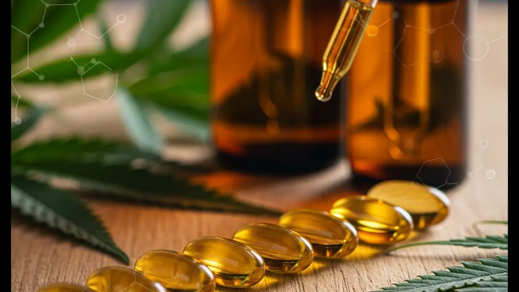 Gélules de CBD, huile dorée et structure moléculaire sur fond végétal naturel