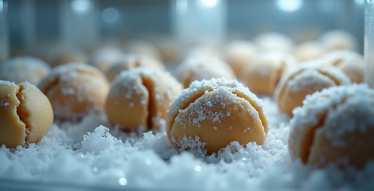 Organisation méthodique de cookies au CBD congelés dans des contenants hermétiques avec système de datation