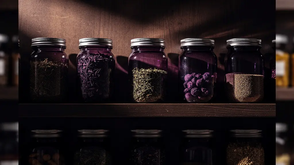 Bocaux en verre violet contenant des plantes médicinales et du chanvre