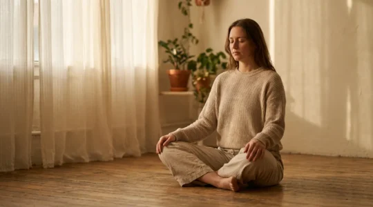 Personne en position de relaxation dans un environnement apaisant avec lumière naturelle douce