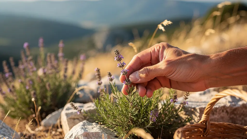 Silhouette d'une main cueillant du thym sauvage en fleur sur une colline de garrigue méditerranéenne baignée de lumière matinale