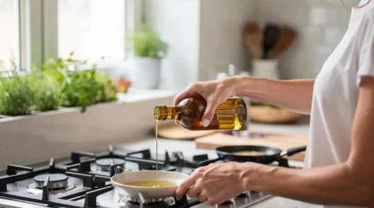 Personne versant huile CBD dorée dans plat cuisine moderne