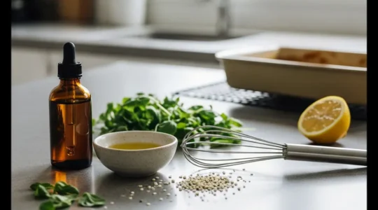 Plan de travail de cuisine avec une petite bouteille compte-gouttes ambrée sans étiquette et des ingrédients culinaires, suggérant l’usage du CBD en cuisine sans surchauffe.