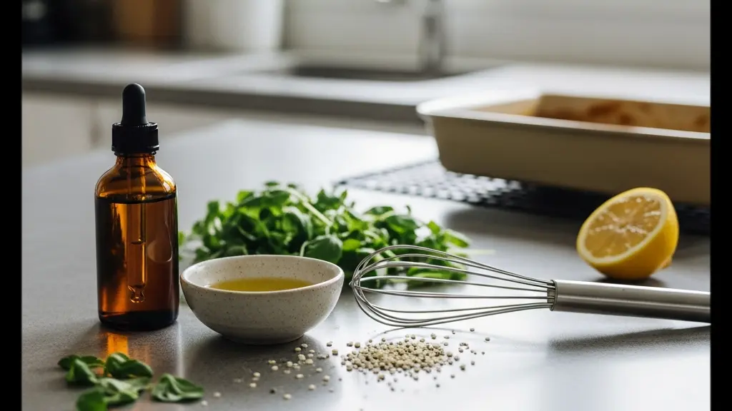 Plan de travail de cuisine avec une petite bouteille compte-gouttes ambrée sans étiquette et des ingrédients culinaires, suggérant l’usage du CBD en cuisine sans surchauffe.