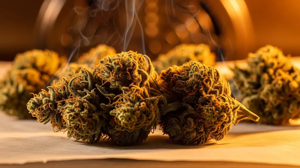 Processus de décarboxylation du chanvre au four montrant la transformation des fleurs