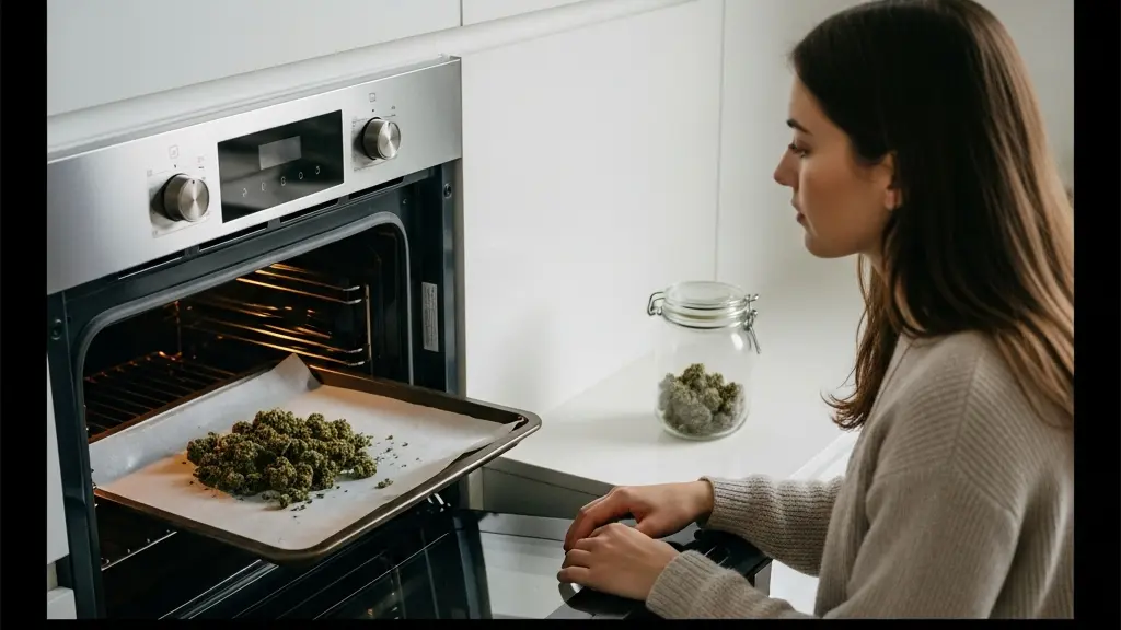 Plaque de cuisson avec matière végétale émiettée prête à être chauffée, illustrant la préparation avant infusion et la nécessité d’un contrôle doux de la chaleur.