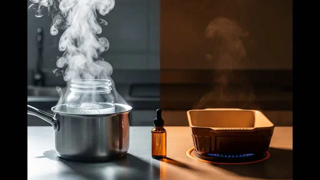 Deux préparations culinaires comparées, l’une chauffée doucement et l’autre exposée à une chaleur forte, illustrant la fragilité du CBD à la chaleur.