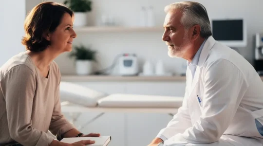 Patient et médecin en consultation médicale discutant sereinement dans un cabinet lumineux