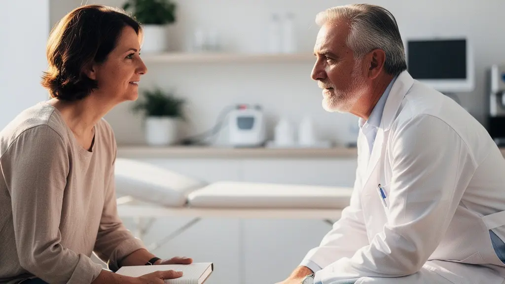 Patient et médecin en consultation médicale discutant sereinement dans un cabinet lumineux