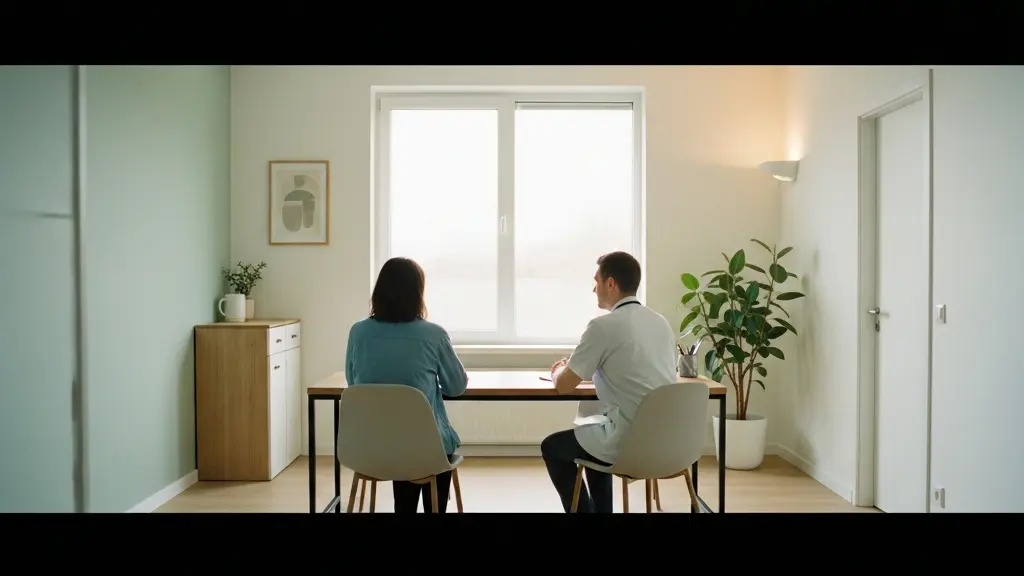 Vue large et minimaliste de deux silhouettes assises face à face dans un cabinet médical baigné d'une lumière naturelle douce et apaisante