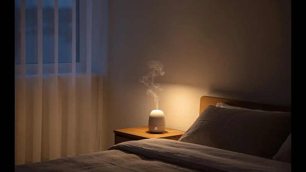 Chambre à coucher avec diffuseur et éclairage tamisé propice au sommeil