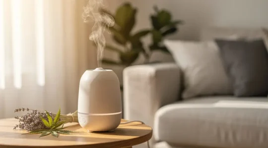 Diffusion d'huiles essentielles de chanvre dans un intérieur lumineux et apaisant