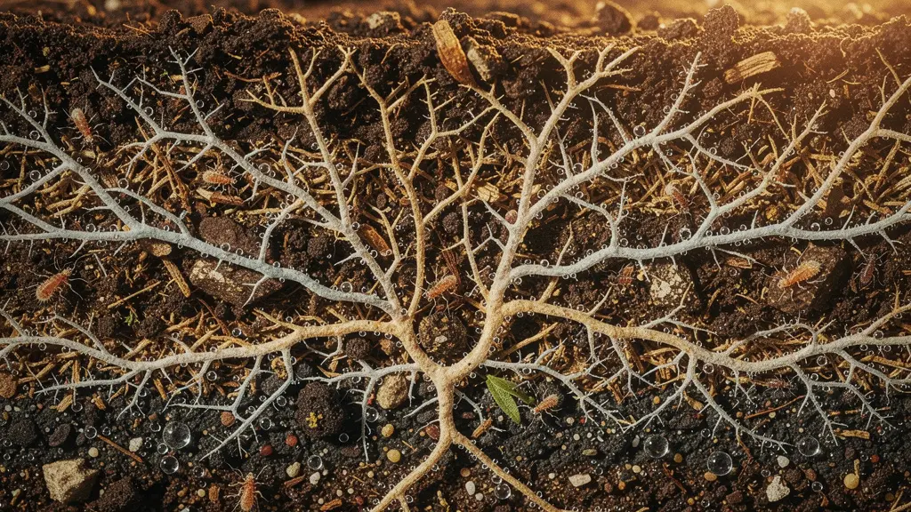 Gros plan macro sur des racines de plante entrelacées avec des filaments de mycorhizes dans un sol riche et vivant