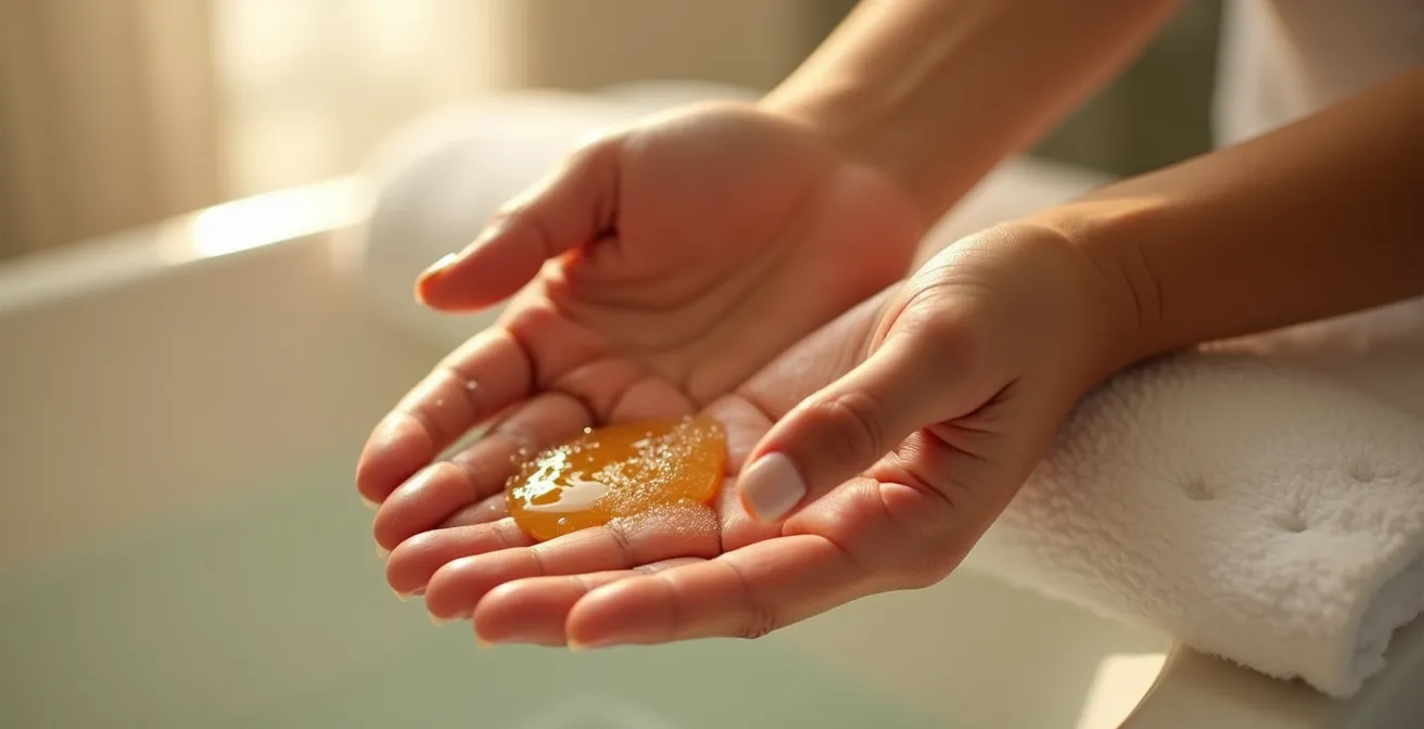 Démonstration du double nettoyage avec huile de chanvre et nettoyant doux en geste délicat