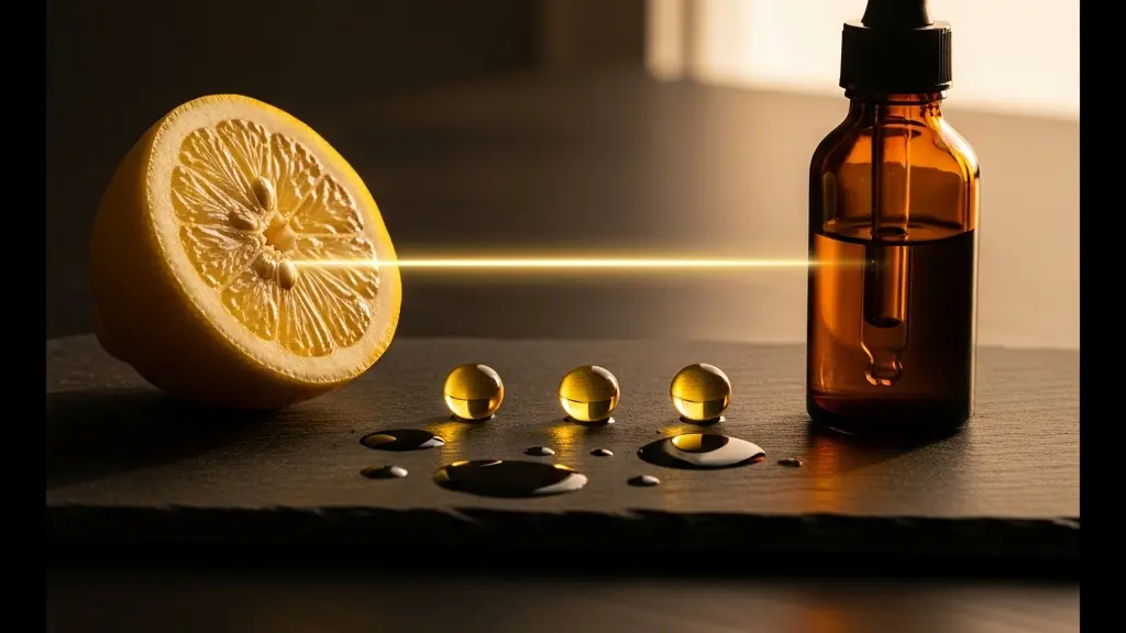 Nature morte symbolique montrant un demi-citron frais côtoyant un flacon compte-gouttes sombre et des capsules dorées, baignés dans une lumière matinale dorée évoquant la synergie antioxydante.