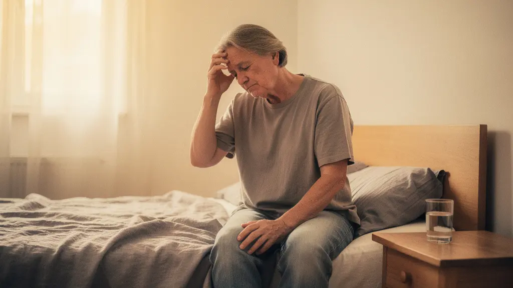 Vue contemplative d'une personne assise au bord d'un lit dans une lumière matinale tamisée, éprouvant un léger vertige après le lever
