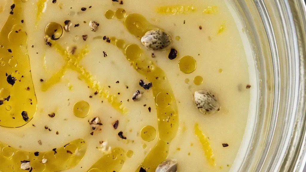 Gros plan d’une vinaigrette en cours d’émulsion avec des gouttelettes d’huile et des ingrédients, évoquant une répartition homogène du CBD.