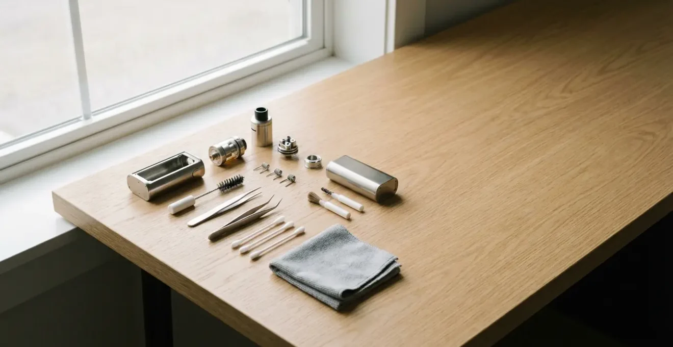 Matériel de vape démonté et outils d'entretien sur un établi propre