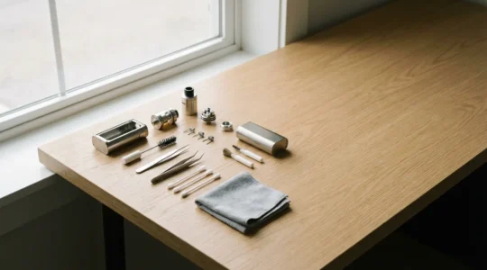 Matériel de vape démonté et outils d'entretien sur un établi propre