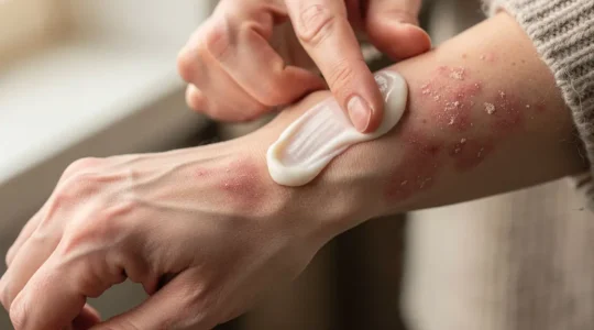 Femme appliquant délicatement un baume au CBD sur une peau atopique en hiver