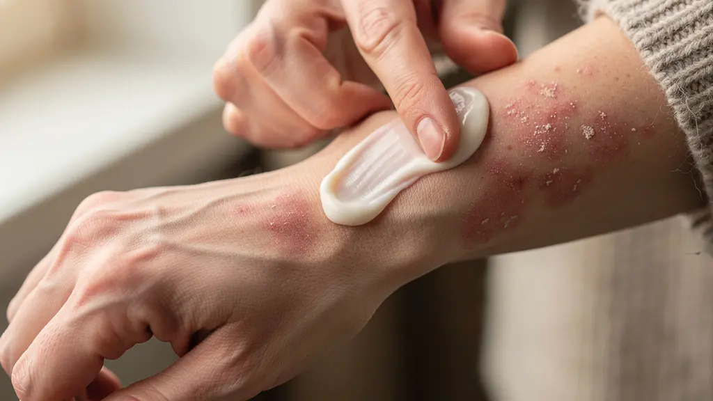 Femme appliquant délicatement un baume au CBD sur une peau atopique en hiver