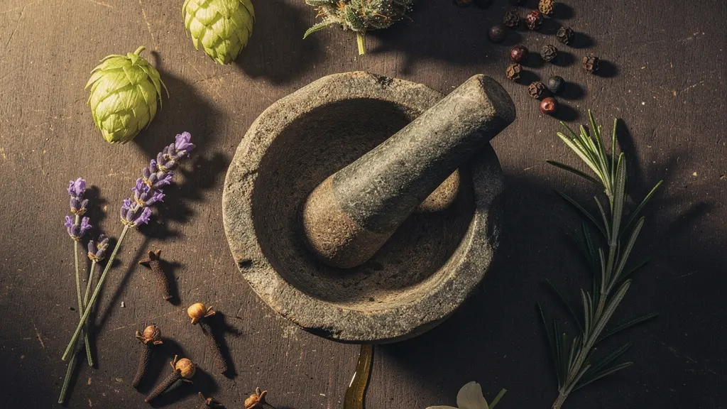 Vue symbolique de fleurs de chanvre brutes et de plantes de terroir disposées autour d'un mortier en pierre, évoquant la synergie de l'effet d'entourage élargi