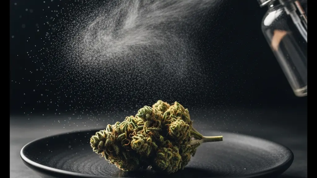 Une fleur de CBD est légèrement brumisée par un vaporisateur neutre, évoquant l’ajout artificiel d’arômes, avec une lumière dramatique et une ambiance méfiante.