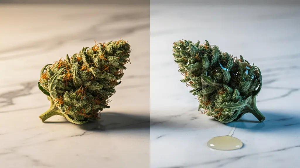 Deux fleurs de CBD côte à côte : l'une naturelle avec des trichomes authentiques, l'autre suspecte avec un éclat artificiel anormal